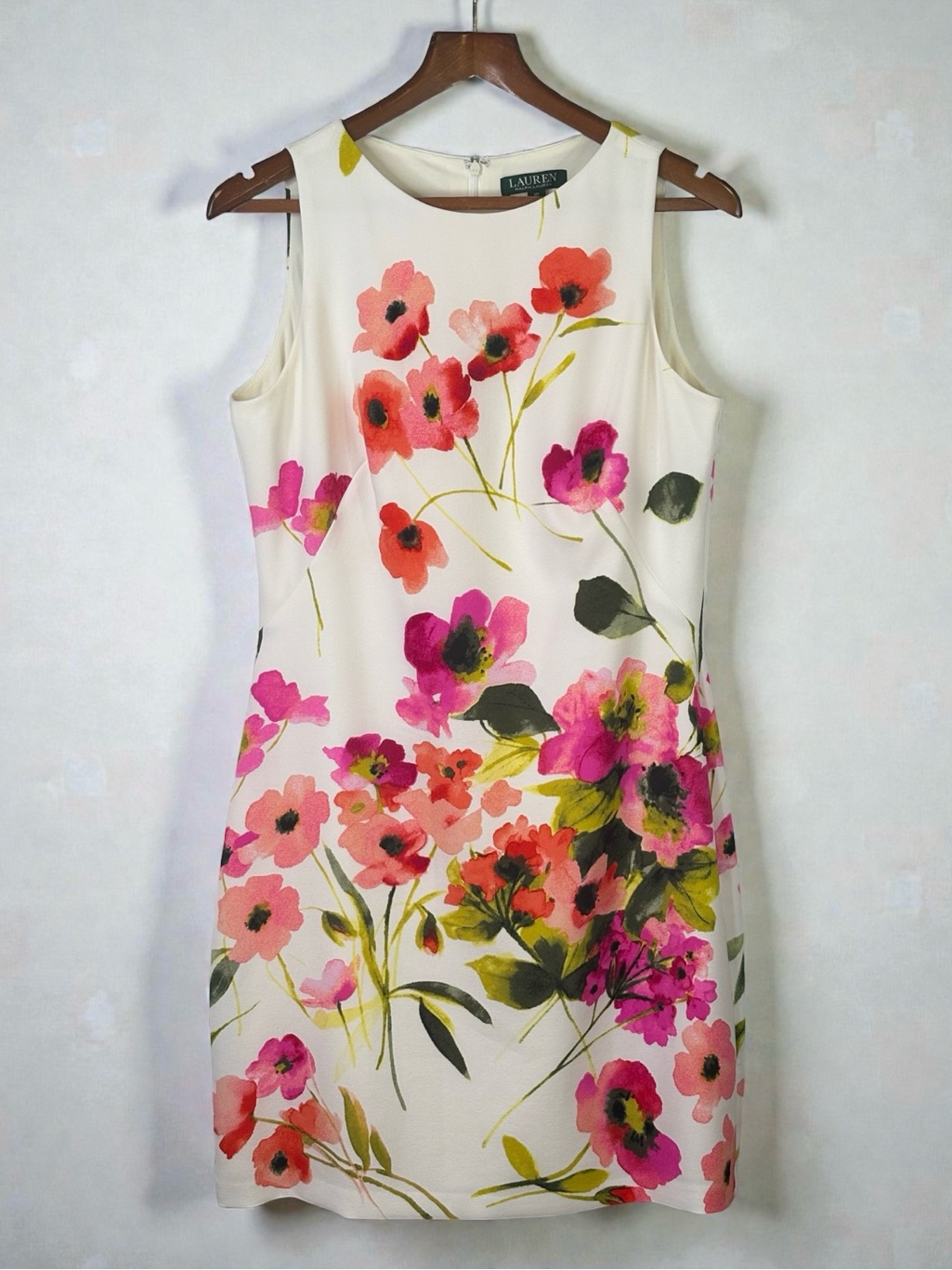 Lauren Ralph Lauren Watercolor Floral Crepe Sheath Dress Lined Size 10